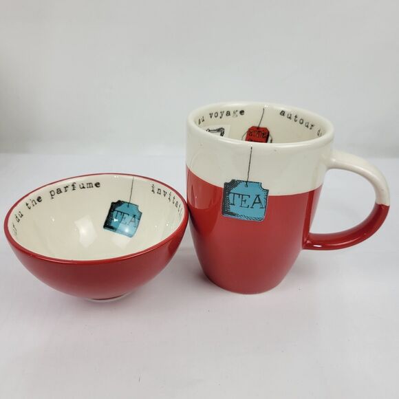 Maisons du Monde Tea Mug Cup & Bowl Set Red & Tan Invitation to Travel NWT - Picture 1 of 10
